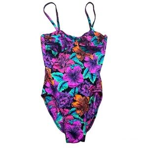 Vintage Le Cove Purple Floral Colorful One Piece Swimsuit